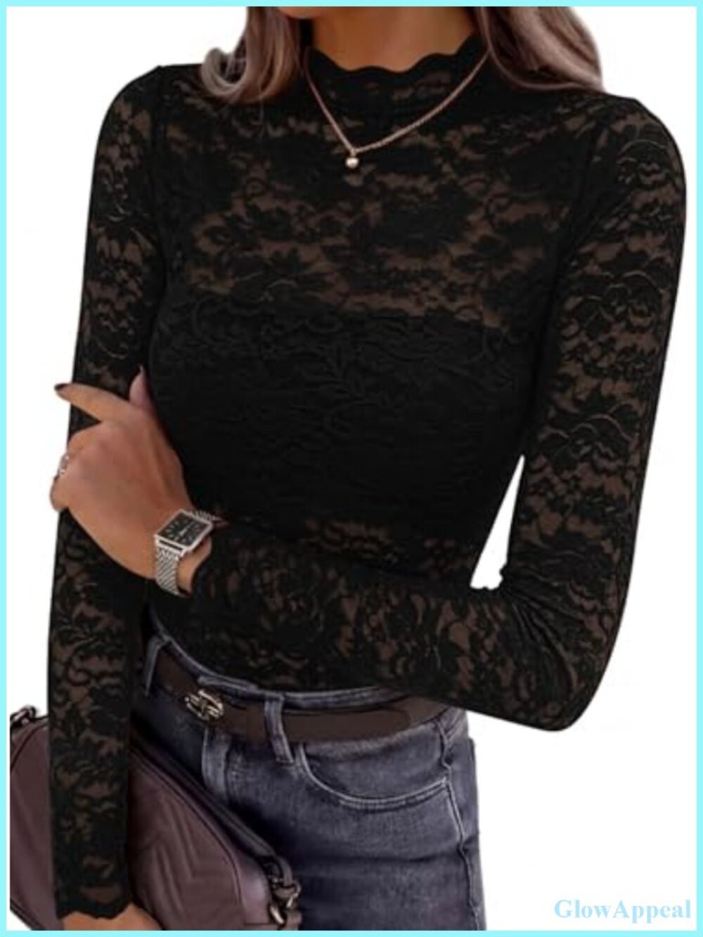 Womens Lace Mesh Sheer Long Sleeve Blouse Scalloped Mock Neck Party Top